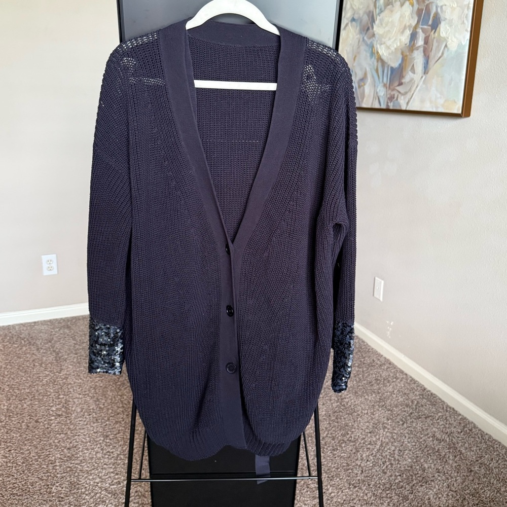 Les Copains Black Cardigan Sweater with Lace Cuffs